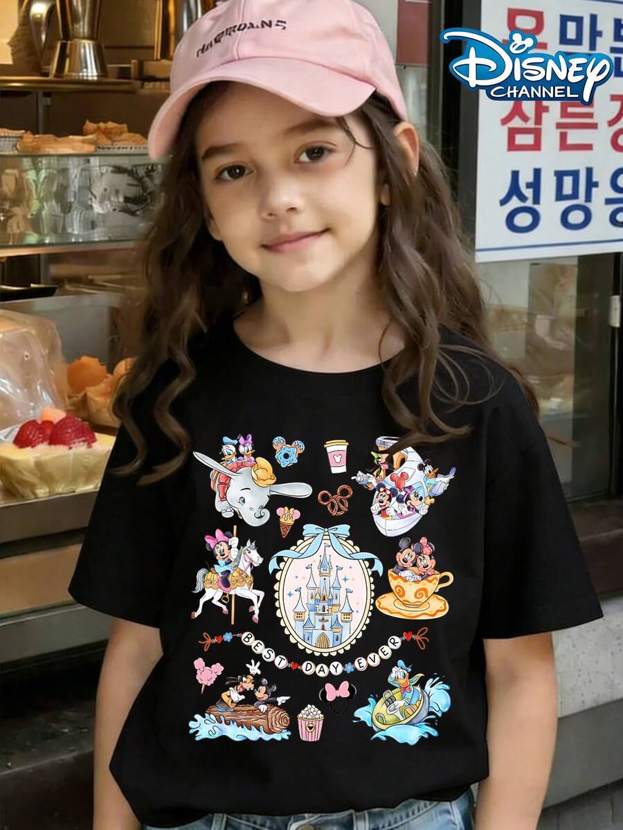 Best Day Ever Castle Cartoon Disneyland Print Summer Tops, Disney Graphic Tee, Perfect For Cute Girls. Teen Girl Gift,Tween Summer Clothes,Comfortable And Breathable Children's Short-Sleeved T-Shirt. Suitable For Both Boys And Girls.Suitable For Daily Wear, Vacations, Outdoor Activities, And As A Children's Gift. - Black - View 1