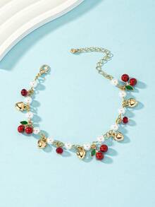 1 chiếc vòng tay thời trang nữ hình hoa anh đào với mặt dây chuyền hình trái tim đính ngọc trai. - quả anh đào - Xem 12