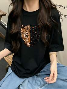 Women's Round Neck Short Sleeve T-Shirt, Summer New Leopard Print Pattern, Fashion Casual Versatile Loose Top Black - Black - View 7