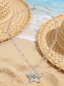 Dây chuyền mặt hình ngôi sao bạc đính đá ngọc lam dành cho nữ, kiểu Bohemian, màu vàng, thích hợp cho kỳ nghỉ hè trên bãi biển, làm từ thép không gỉ, kiểu dáng tối giản như dây chuyền kẹp giấy. - Bạc - Xem 4