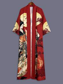 大码宽松日式传统印花中长款七分袖和服罩衫，女士优雅街头休闲罩衫，沙滩/旅行轻便睡袍，家居服长款连衣裙 - 紅色 - 查看 4
