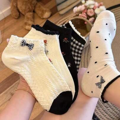 5双装女士蝴蝶结花边针织袜夏季吸汗透气时尚甜美休闲袜