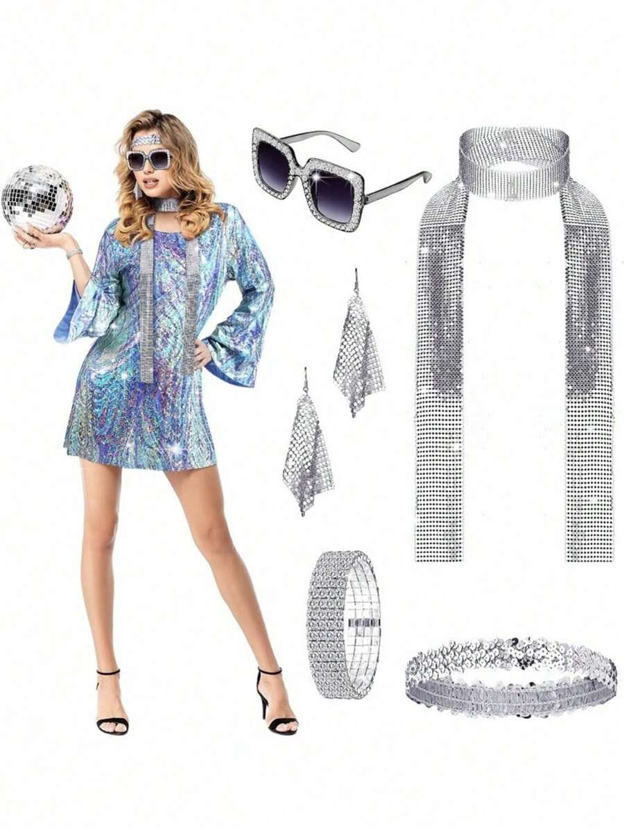70s Disco Costume Accessories Set: Sequin Headband, Fashion Glasses, Necklace, Earrings, Rhinestone Scarf, Diamond Bracelet - Glasses + Hairband + Necklace + Earrings + Bracelet - View 1