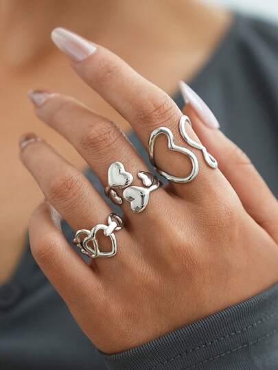 3pcs/Set Silver Heart Shaped Ring Set, 304 Stainless Steel Rings, Hollow & Fluffy Heart Design, Romantic & Elegant Jewelry For Women, Suitable For Daily Wear And Party Outfits, Western Jewelry, Women Beach Accessories, Thick Jewelry