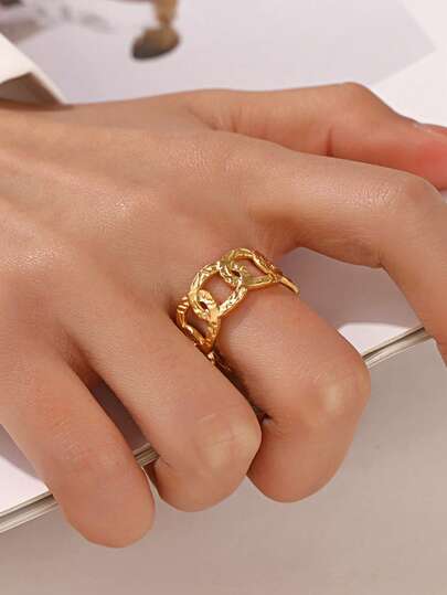 1 Stück Edelstahl 18K Goldplattierter asymmetrischer gehämmerter Kettenring, geeignet für den täglichen Gebrauch von Frauen