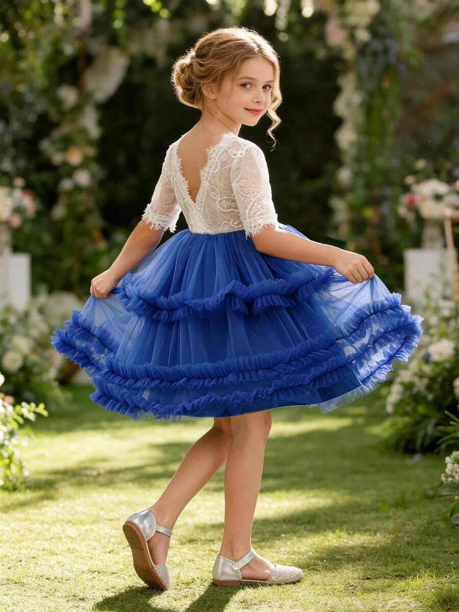 Girls'Contrast Lacek Tulle Puffy Princess Dress, Cake Skirt Suitable For Birthday Party, Flower Girl, Wedding, School Performance, Holiday Celebration - Royal Blue - View 1