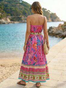 波西米亚风无肩带长裙，夏季海滩优雅时尚度假风，腰带修身女士飘逸长裙 - 玫紅色 - 查看 5