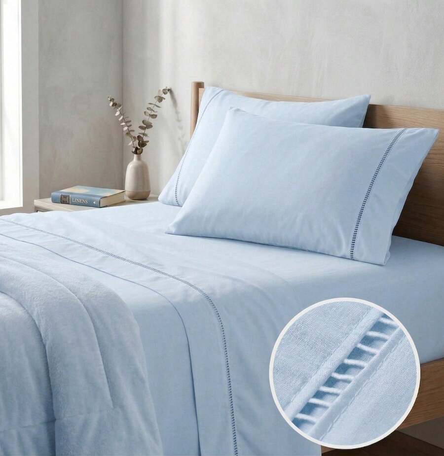 400 Thread Count 3-Piece Bedding Set With Fitted Sheet And Pillowcases, Soft Touch, Everyday Comfort, Single, Full, Queen, King - 淺藍色 - 查看 1