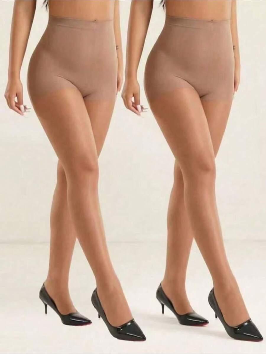 2双装女士性感透明连裤袜，时尚简约，舒适透气 - 杏色 - 查看 1