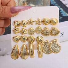 6对/12件装时尚金色海星、贝壳、光滑水滴、纹理C形耳环套装，适合夏季旅行和度假佩戴 - 金色 - 查看 15