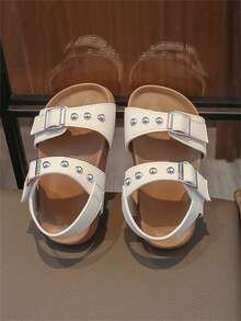 1 Pair Beige Sandals For Toddlers & Infants, Outdoor Beach Shoes, Soft Sole, Non-Slip, Hook And Loop Closure, Fashionable Solid Color, Cute Open Toe Design, Breathable, Quick Drying, Suitable For Spring & Summer, Beach & Outdoor Activities - Beige - View 1