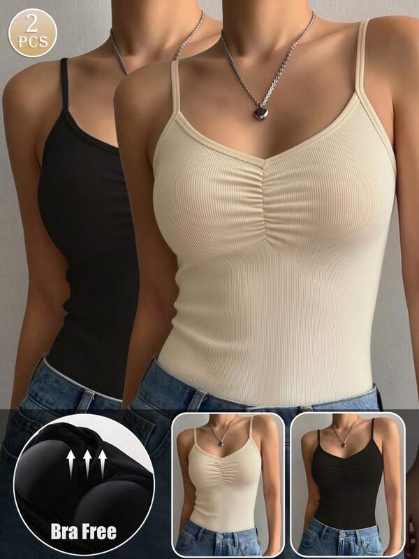 2pcs Women's Sleeveless Fitted Camisole, Casual Comfortable Basic Ribbed Tank Top With Chest Pads, Suitable For All Seasons