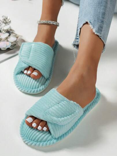 Women's Flat Non-Slip Wear-Resistant Solid Color Open Toe Low Heel Fluffy Faux Fur Slippers, Comfortable Home Wear