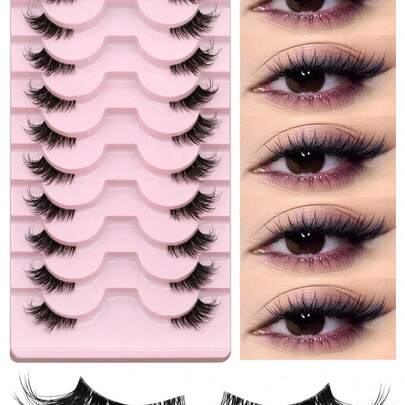 10 Pairs Half-Strip False Eyelashes, Transparent Band, Cat Eye Style, Short Soft 3D Mink-Like False Lashes, For Natural Makeup (10B-4), Strip Eyelashes, Eyelashes, False Eyelashes