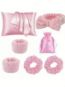 7pcs Women's Sleeping Set Includes Pillowcase, Shower Cap, Eye Mask, Decorative Storage Bag, Hair Scrunchies, Suitable For Nighttime Use - Multicolor - View 6