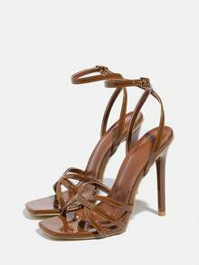 Giày sandal cao gót mũi nhọn cho nữ, sandal mùa hè thoáng khí có quai ngang mắt cá chân, sandal cao gót màu nâu đính đá, kiểu dáng thanh lịch, thoải mái, thích hợp cho công sở. - màu nâu - Xem 4
