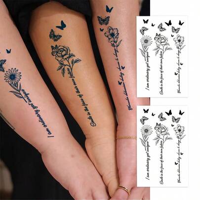 2pcs Herbal Juice Semi-Permanent Magic Tattoos, Minimalist Tattoos Realistic Temporary Tattoos With Floral, Butterfly, Inspirational Text Designs, Suitable For Daily, Party, Holiday, Waterproof, Non-Reflective Tattoo Stickers For Body, Waist, Back, Shoulder, Neck, Arm, Leg, Collarbone