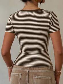 Spring/Summer New Colorblock Striped Contrast Collar Half-Open Placket Button Decor Short Sleeve Versatile Casual Home & Outdoor Multi-Occasion T-Shirt Top - Brown - View 6