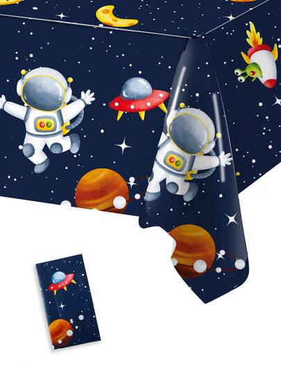 1 chiếc khăn trải bàn hình chữ nhật bằng nhựa PE dùng một lần màu xanh dương hình phi hành gia, kích thước 220*130cm, thích hợp cho tiệc mừng em bé sắp chào đời theo chủ đề không gian vũ trụ, sinh nhật bé trai, tiệc chủ đề "Người hoang dã", tiệc tiết lộ giới tính, trang trí tiệc cho phòng trẻ sơ sinh.