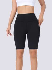 Spring/Summer Women's Solid Color Sports Shorts With Pockets, Elastic Compression Tight FitBermuda Shorts For Fitness, Pilates, Yoga, Outdoor Running, Cycling - Black - View 4