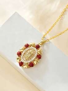 1 chiếc mặt dây chuyền hình oval sang trọng, tôn giáo, khắc họa chân dung Đức Mẹ Đồng Trinh, men đỏ rỗng, viền hoa hồng đỏ và khảm đá Zirconia siêu nhỏ, hình trái tim thanh lịch dành cho nữ. - vòng cổ - Xem 7