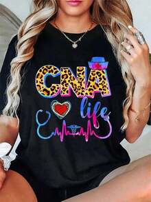 Leopard Tie Dye CNA Life Stethoscope Leopard Nurse Week T-Shirt -   Women's Casual Short Sleeve Crew Neck T-Shirt Tops For Summer, Printed Graphic Tee Top - màu đen - Xem 4