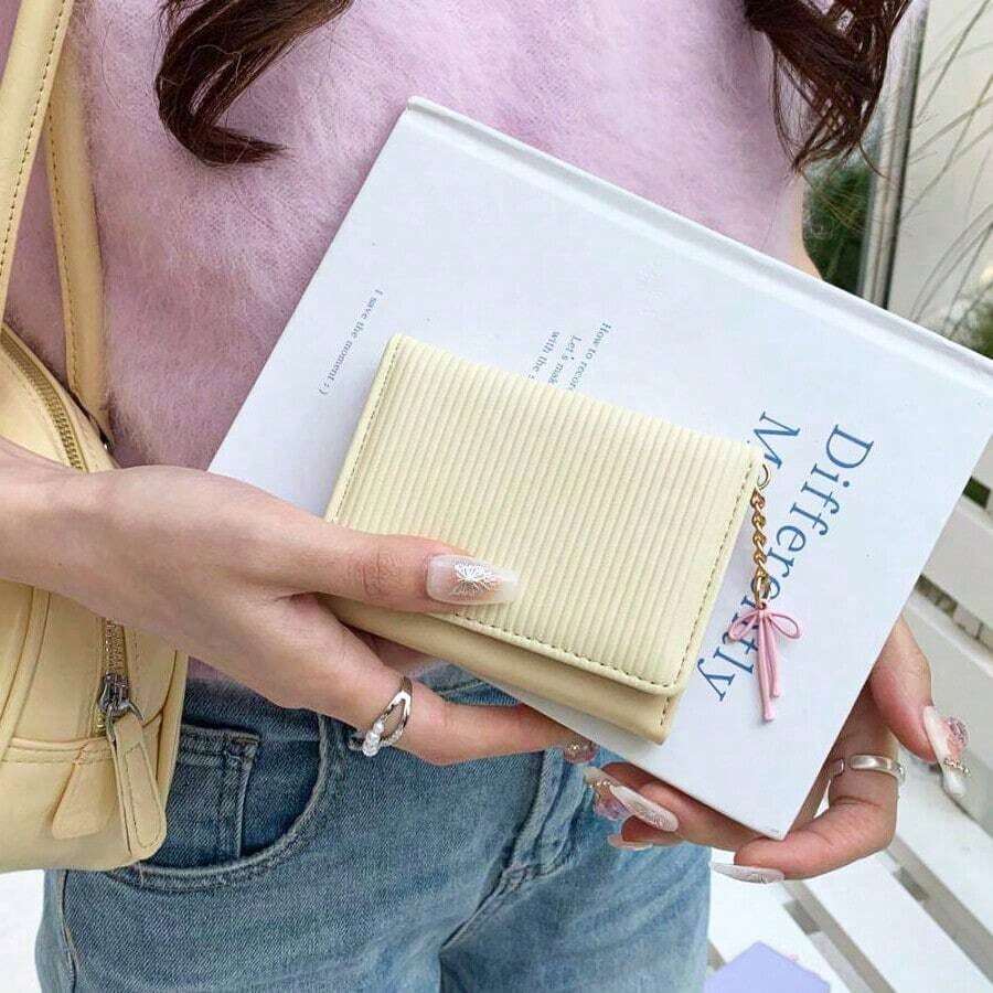 Korean Style Bow Decor Women's Short Wallet High-Quality Tri-Fold Coin & Card Purse Wallet Purse Wallet Mini Wallet Small Wallet - 粉色 - 查看 1