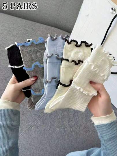 5足ケーキレースソックス - 3層レースデザイン エレガントなカーフソックス、軽量メッシュ ミッドカーフソックス 春夏用、通気性抜群 快適、カジュアル、アウトドア、インドア着用に適し、ミニマリスト&楽しいソックス、素敵なギフト&写真小物