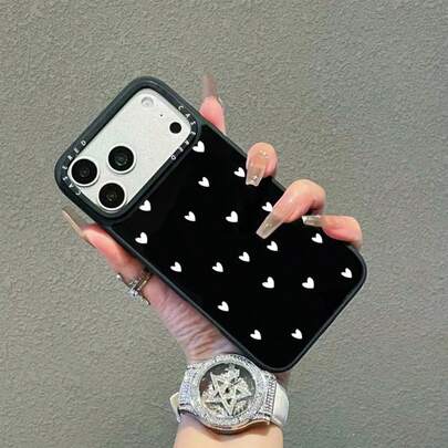 1pc New Black Mirror Phone Case With White Heart Graphic, Creative High-End Shockproof Protective Cover With Large Camera Hole, Soft Edge Hard Shell Suitable For IPhone 17/Air/17Pro/17ProMax/16/15/14/13/12/11/XSM/XR