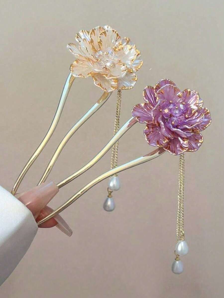 1 pezzo Nuovo fermaglio per capelli da donna in stile retrò smalto, fiore di peonia in stile cinese, accessorio per capelli elegante di alta qualità in stile antico cinese, adatto per estate, vacanze, viaggi, raccolti, accessori per capelli, festival, feste - Multicolore - Visualizzare 1