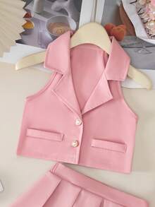 BASUSARRI 2pcs Collar Button Cardigan Top & Pleated Skirt Commuter Lady Style Elegant Sweet Outfit, Party, Date - Pink - View 4