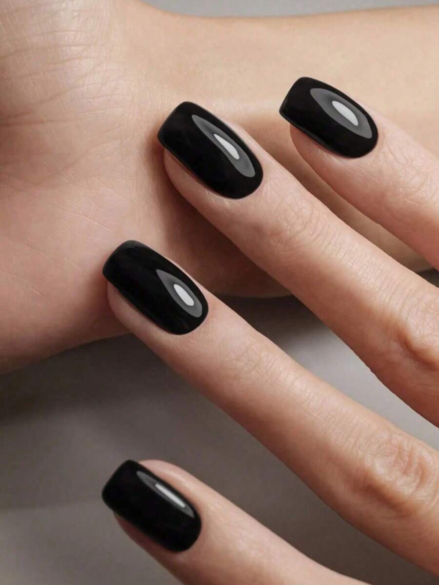 24pcs Minimalist Black Square Short False Nails Set, Includes 1 Nail File And 1 Nail Glue, Suitable For Women And Girls, Easy To Create Fashionable Looks