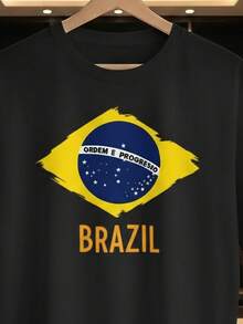 Unisex T-Shirt Supporting The Brazilian National Football Team - Order And Progress World Cup - Short Sleeve - Men's And Women's - 100% Cotton, Casual, Crew Neck - 黑色 - 查看 2