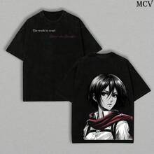 Ackerman, Attack On Titan-Shirt, Double Printed Vintage Washed Tee, Oversized Unisex Fit, Heavyweight Cotton Shirt, Anime Manga Graphic Streetwear - 黑色 - 查看 8