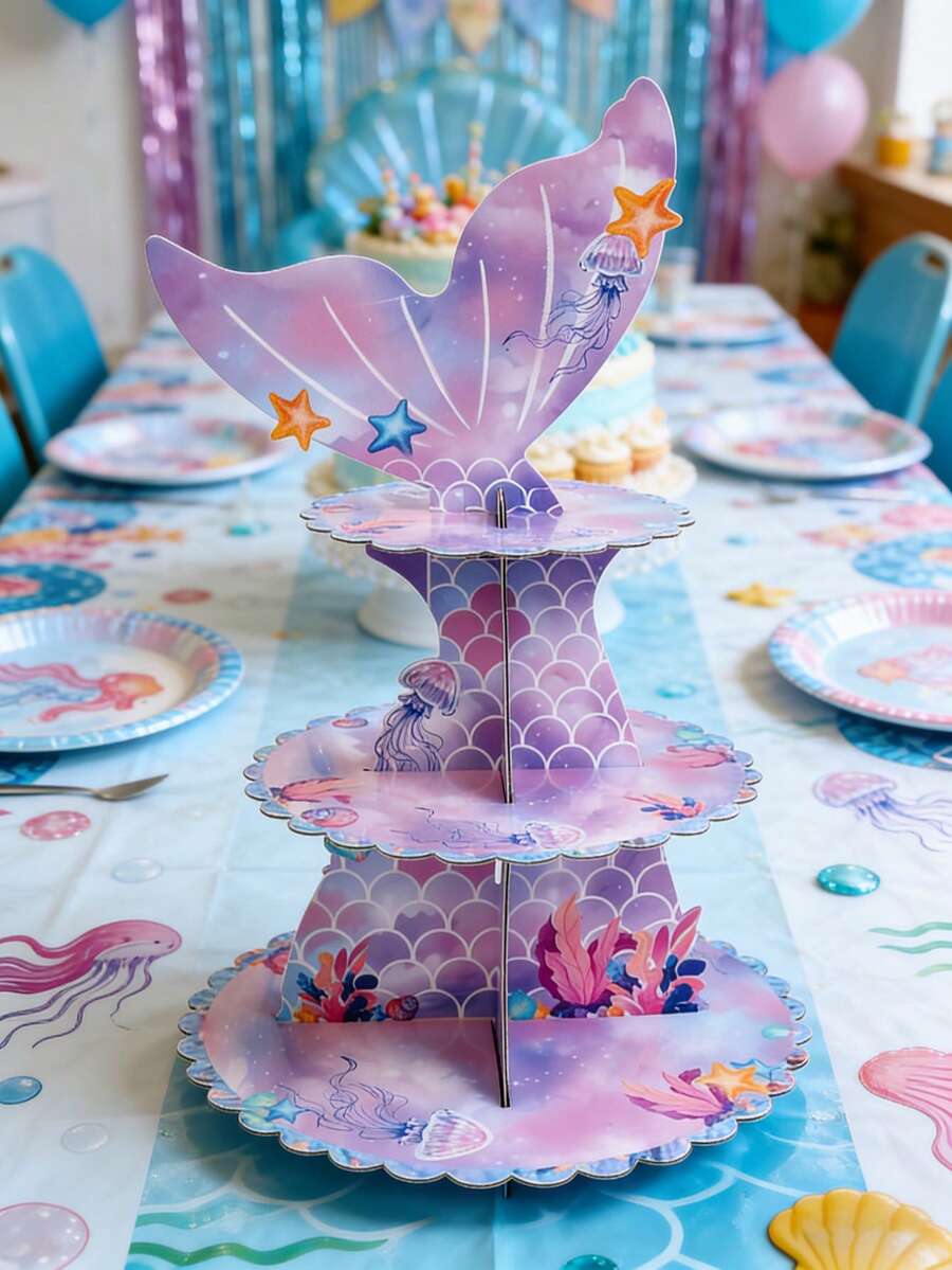 1个紫色美人鱼造型蛋糕架，海洋美人鱼主题生日派对装饰，食品展示架，婴儿派对装饰
