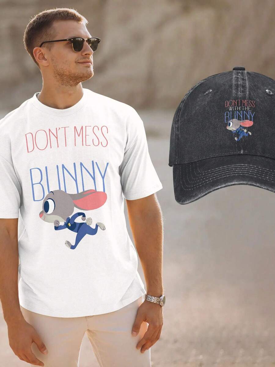 Zootopia Judy Hopps Spring/Summer Simple Black & White T-Shirt & Cowboy Hat Set, Loose Fit, Street Fashion, For Students, Sun Shading & Casual Wear - 白色 - 查看 1