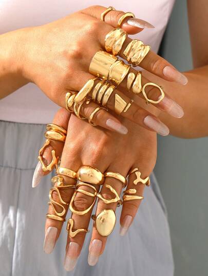 15/14/5pcs Multi-Piece Stackable Vintage Coin-Inspired Fashion Rings, Elegant Geometric Textured Asymmetrical Ripple Hollow Circle Minimalist Oversized Chunky Rings Set, Suitable For Holiday, Party, Daily Wear, Gift