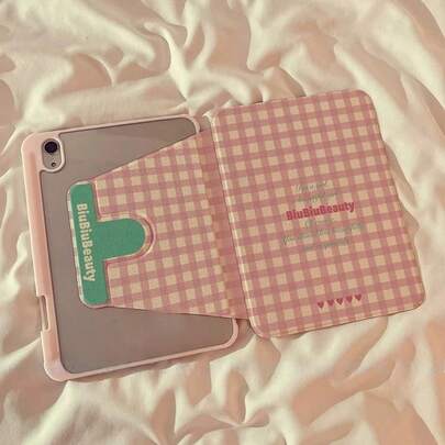 1个可爱粉色格子爱心印花360°旋转保护壳，带支架，透明亚克力背板，气囊防摔软边，自动休眠/唤醒，兼容iPad 10代/Air 4/5/Pro 11英寸/9/8/7代，少女风平板电脑保护套
