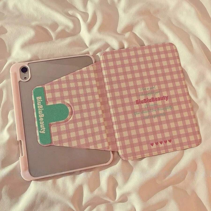 1 chiếc ốp lưng bảo vệ xoay 360° họa tiết trái tim kẻ caro hồng dễ thương có chân đế, mặt lưng acrylic trong suốt, viền mềm chống rơi, tự động bật/tắt màn hình, tương thích với iPad thế hệ thứ 10/Air 4/5/Pro 11"/9/8/7, ốp lưng máy tính bảng nữ tính. - Hồng - Xem 1