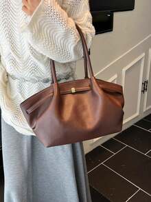 Dedoo 1pc FEISTURE Faux Suede Tote Bag, Large Capacity Solid Color Mature Elegant Ladies Handbag, Retro Style Work Bag Suitable For Girls, Women, College Students, Office Workers - Coffee Brown - View 5
