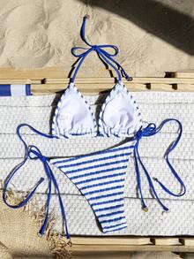 Premium European Halter Bikini With Striped Wavy Split Design, Stylish Color-Block Swimwear Perfect For Hot Springs, Pool Parties And Beach Vacations - Royal Blue and White - View 7