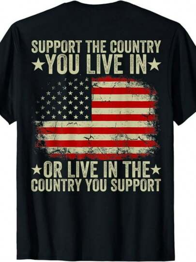 & Vintage American Flag T-Shirt - Distressed USA Back Print With "Support The Country You Live In" Slogan, 220gsm Heavyweight Pure, All-Season Comfort, Unisex Casual Round Neck Short Sleeve Shirt For Patriotic Casual Attire & 4th Of JuMen's All-Purpose Short Sleeve T-Shirt – Versatile For Work, Play, And Holiday Fun Like Father's Day, Labor Day, And Weekend Relaxation