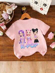 女童休闲趣味印花圆领短袖T恤，夏季上衣 - 粉色 - 查看 4