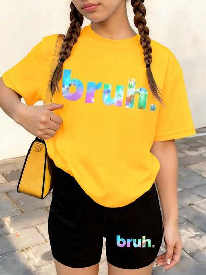 Bộ 2 món dành cho nữ tuổi teen, áo thun ngắn tay in chữ và quần short, dáng rộng thoáng khí, thời trang, đa năng cho mùa hè.