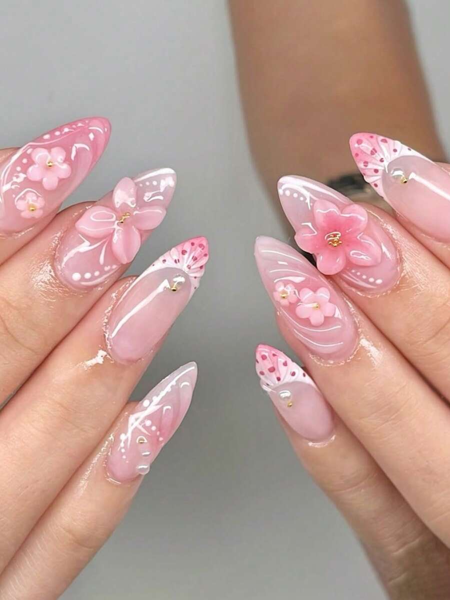 这款24片装法式杏仁形美甲套装,包含时尚的3D蝴蝶、粉色渐变、波点、贝壳花以及甜美的全覆盖式按压式假指甲,让您的指甲焕然一新。套装内含1支果冻胶水和1把指甲锉,增添浪漫气息,让您看起来甜美动人,是日常约会的完美之选。 - 彩色 - 查看 1