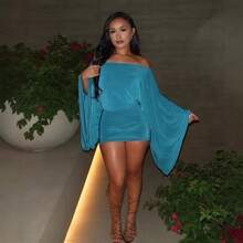 Women's Off Shoulder Bodycon Mini Dress With Batwing Long Sleeves And Wrap Detail, Perfect Party Style - Peacock Blue - View 3