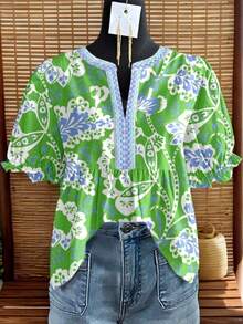 Vintage Bell Sleeve Blouse - Short Puff Shirt Top, Retro Casual Summer Dress To Face Blouse For Spring/Summer Outfits, Regular Fit Non-Stretch Elegant Smock (Matching For Any Of The Above Are All Acceptable) - [Nhiều màu] - Xem 3