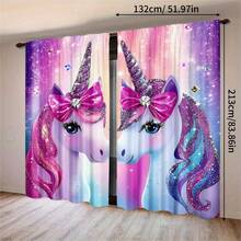 2pcs Pink Unicorn Pattern Semi-Blackout Curtains, No Drill Rod Design, Rod Pocket Hanging, Classic Style For Living Room, Kitchen, Home Decor, Room Divider, Made Of Polyester, Machine Washable - Multicolor - View 13