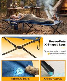 Adults Sleeping Camping Cot With Side Pockets And Storage Bag, 78.3"X28.7"X14.6" Comfort Travel Guest Bed, Easy Assembly, 330 Lbs Weight Capacity - Blue - View 5