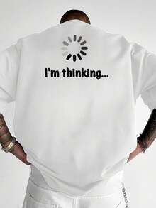 GRDR 男士休闲“我在思考”字母印花圆领短袖T恤，舒适时尚 - 白色 - 查看 2